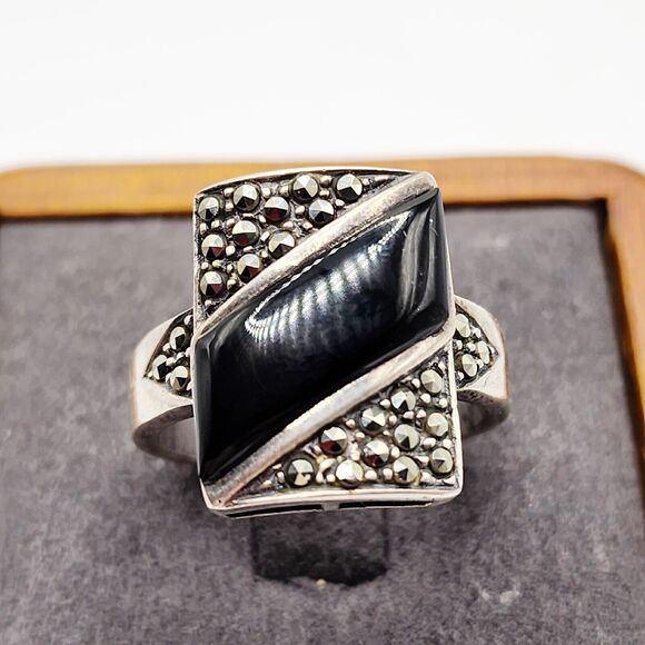 Vintage Black Onyx Ring Real Marcasite 925 Sterling Silver Size 8.25 Mens Womens